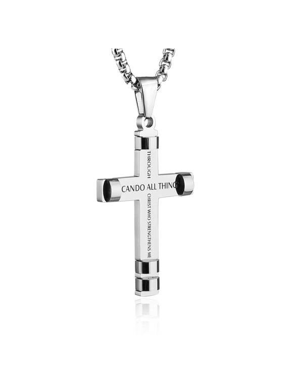 Philippians 4:13 Cross Pendant Stainless Steel Necklace 3 Colors Available (Silver)