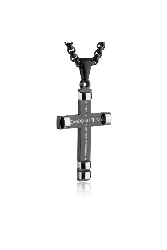 Philippians 4:13 Cross Pendant STRENGTH Bible Verse Stainless Steel Necklace 3 Colors Available