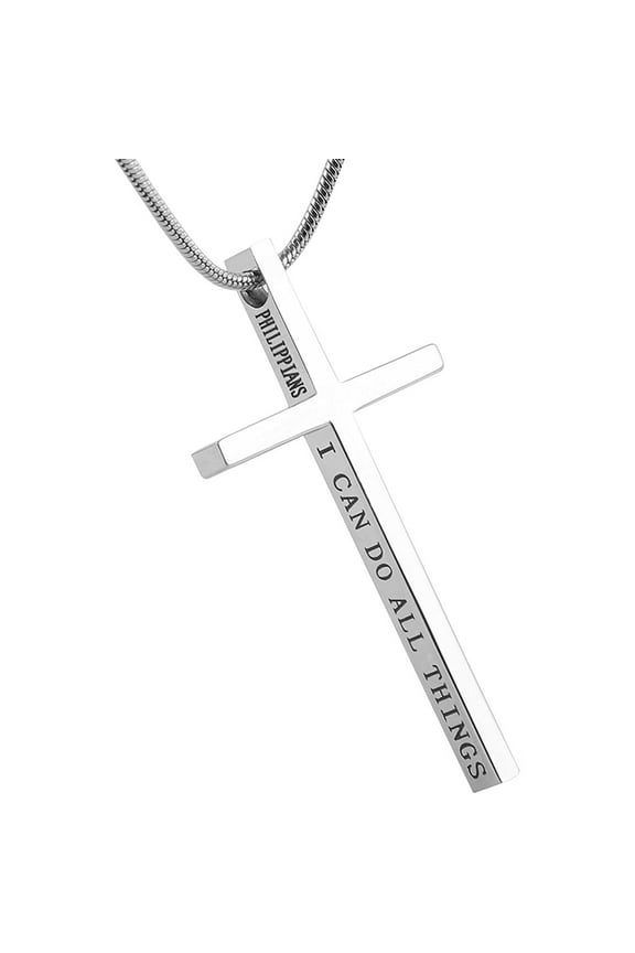 Philippians 4:13 Cross Pendant Strength Bible Verse Stainless Steel Necklace