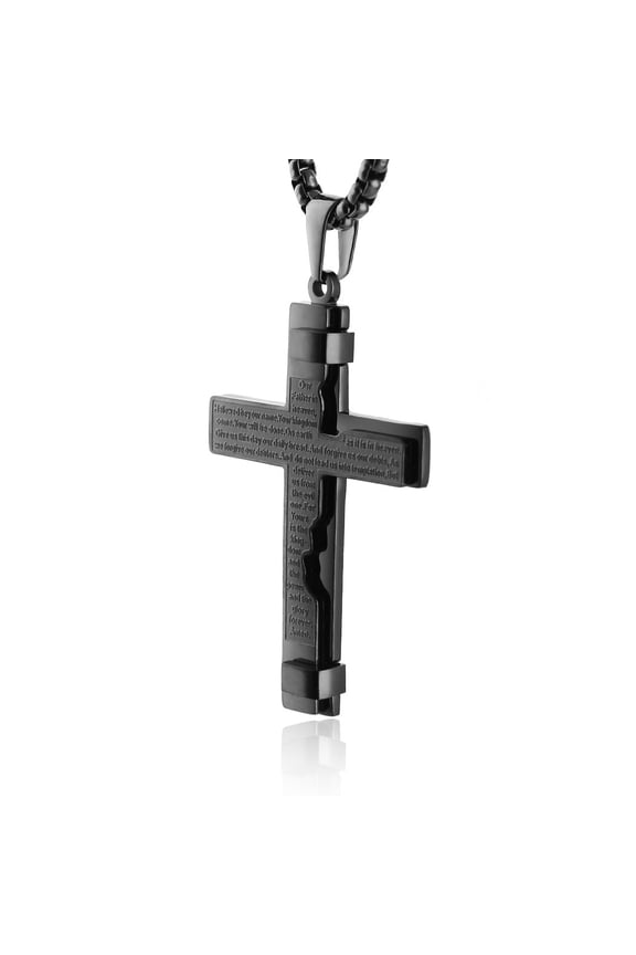 Religion Cross Lord's Prayer Stainless Steel Pendant Necklace Rolo Cable Wheat Chain (Black)