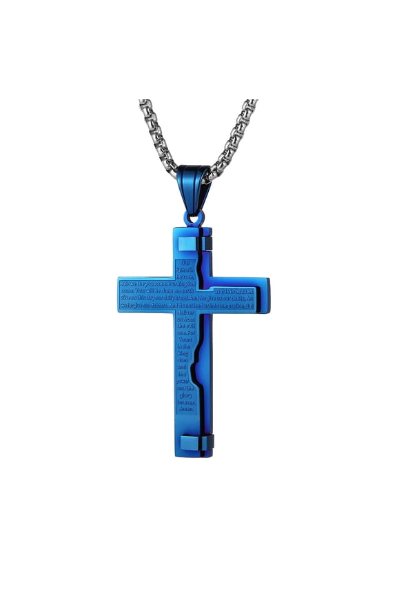 Religion Cross Lord's Prayer Stainless Steel Pendant Necklace Rolo Cable Wheat Chain (Blue)