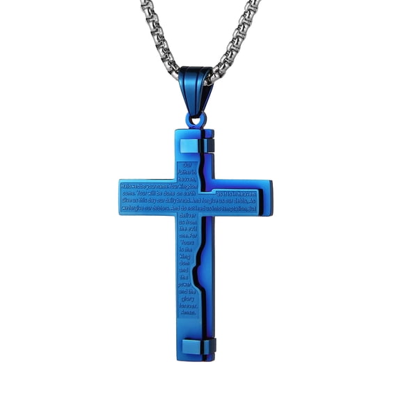 HZMAN Religion Cross Lord's Prayer Stainless Steel Pendant Necklace Rolo Cable Wheat Chain (Blue)