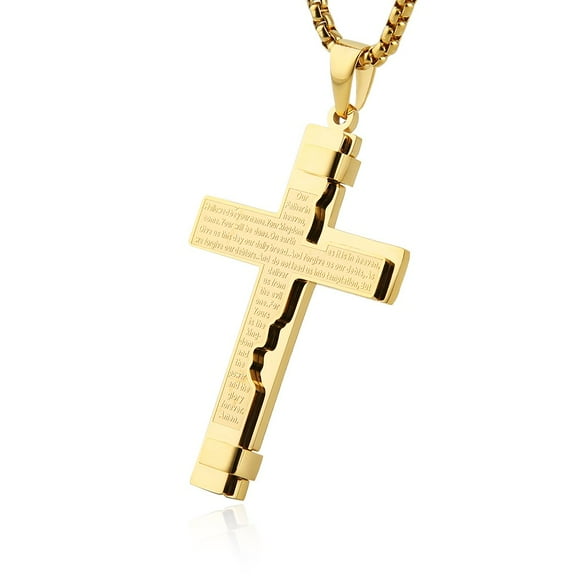 HZMAN Religion Cross Lord's Prayer Stainless Steel Pendant Necklace Rolo Cable Wheat Chain (Gold)