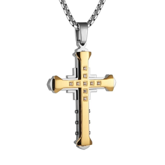 HZMAN Religion Men's Large Byzantium Stainless Steel Cubic Zirconia Cross Necklace Pendant 22 + 2 Inch Chain (Gold)