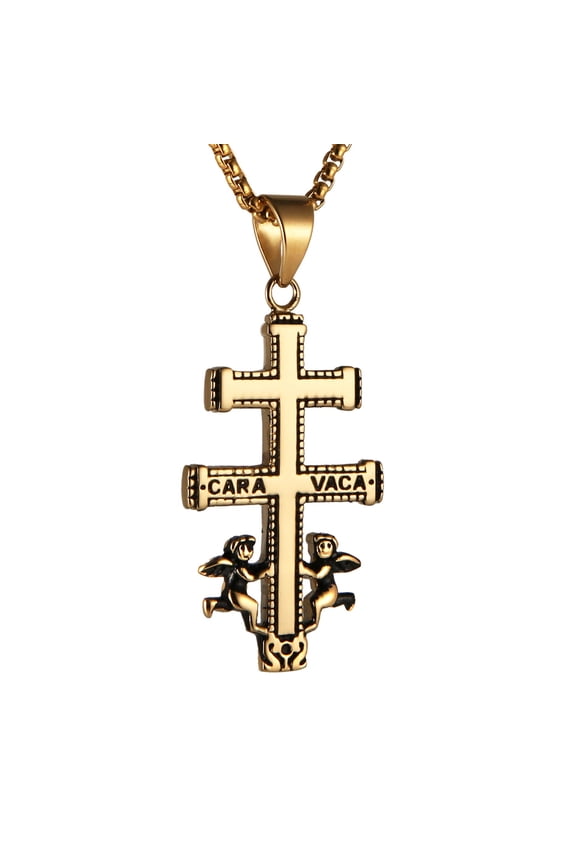 Religious Stainless Steel Cruz De Caravaca Double Cross with Angels Pendant Necklace (Gold / Big)