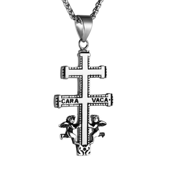 HZMAN Religious Stainless Steel Cruz De Caravaca Double Cross with Angels Pendant Necklace (Silver / Big)