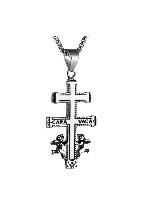 Religious Stainless Steel Cruz De Caravaca Double Cross with Angels Pendant Necklace (Silver / Big)