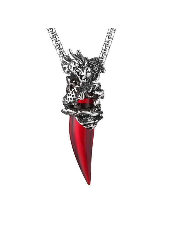 Retro Dragon Necklace for Men Women Stainless Steel Gothic Punk Dragon Wrap Crystal Tooth Pendant Biker Party Jewelry Gift (Red)