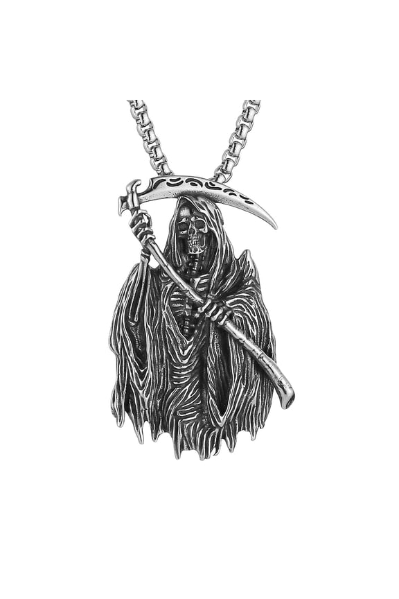 Santa Muerte Necklace for Men Stainless Steel Gothic Grim Reaper Saint Death Sickle Skull Pendant Necklace Jewelry Gift