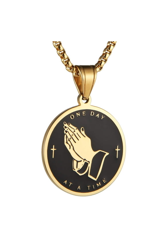 Serenity Prayer Cross Stainless Steel Pendant Necklace Praying Hands Coin Medal