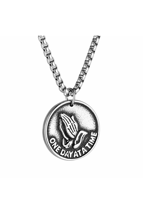 Serenity Prayer Medal Stainless Steel Necklace Praying Hands Pendant for Men Women