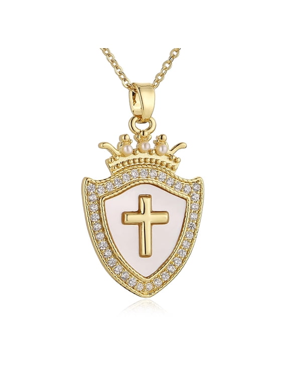 Shield Armor of God Cross Necklace for Women 14K Gold Plated Cross Natural Shell Shield Pendant Necklace Protection Jewelry Gift