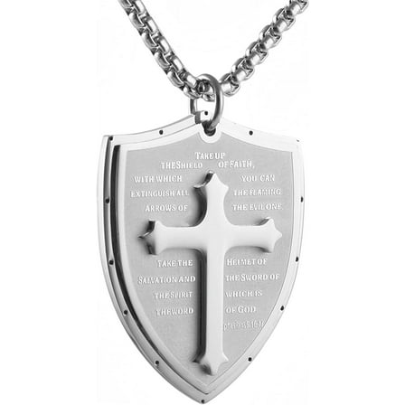 HZMAN Shield Armor of God Ephesians 6:16-17, Faith Cross Stainless Steel Pendant Necklace