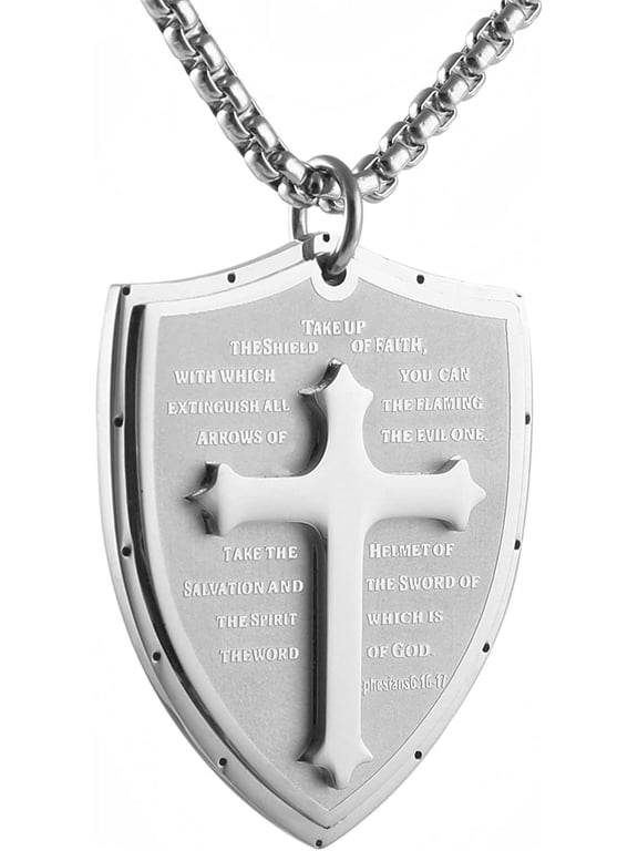 Shield Armor of God Ephesians 6:16-17, Faith Cross Stainless Steel Pendant Necklace