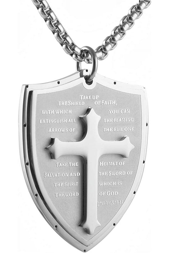 Shield Armor of God Ephesians 6:16-17, Faith Cross Stainless Steel Pendant Necklace