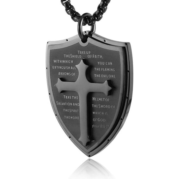 HZMAN Shield Armor of God Ephesians 6:16-17, Faith Cross Stainless Steel Pendant Necklace
