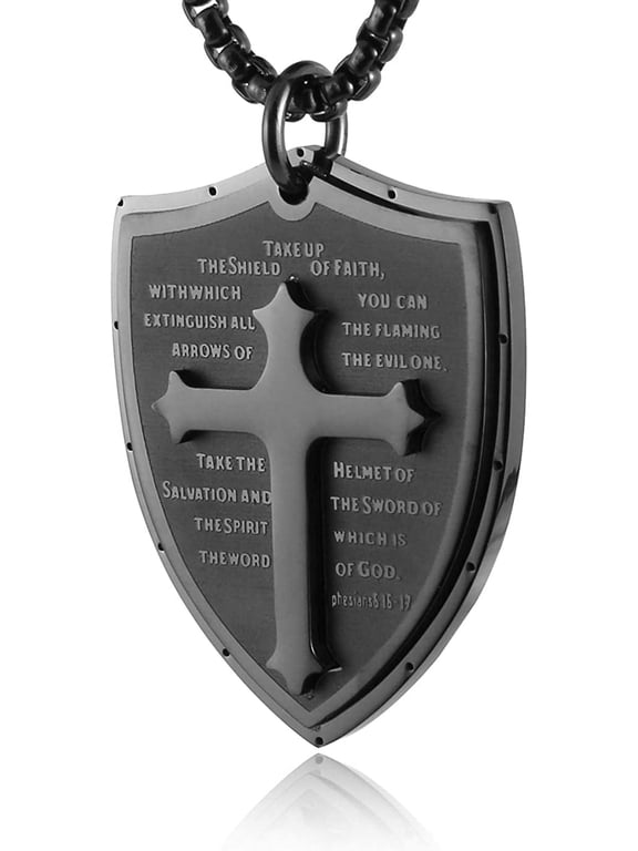 Shield Armor of God Ephesians 6:16-17, Faith Cross Stainless Steel Pendant Necklace