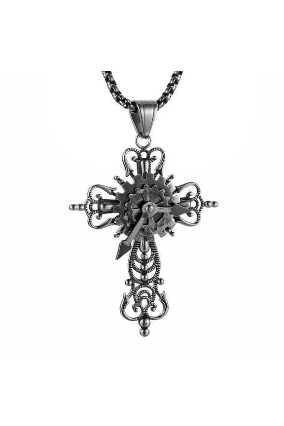 Silver Cross Necklace for Men Stainless Steel Turntable Gear Steampunk Style Cross Pendant Faith Religious Gift