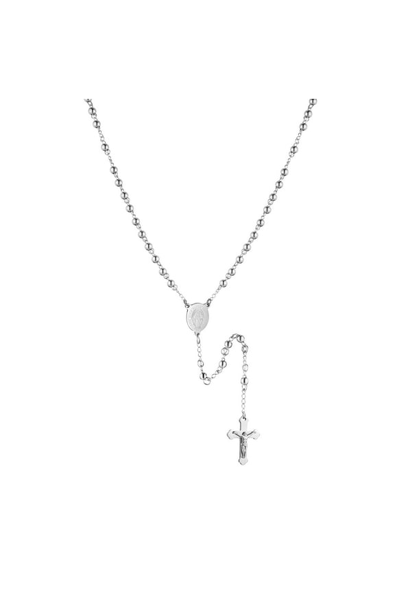 Silver Rosary Beads Cross Necklace for Women Stainless Steel Heavy Crucifix Virgin Mary Y Shape Necklaces Jewelry