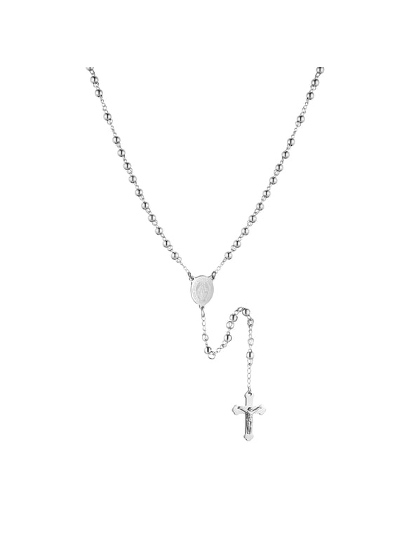 Silver Rosary Beads Cross Necklace for Women Stainless Steel Heavy Crucifix Virgin Mary Y Shape Necklaces Jewelry
