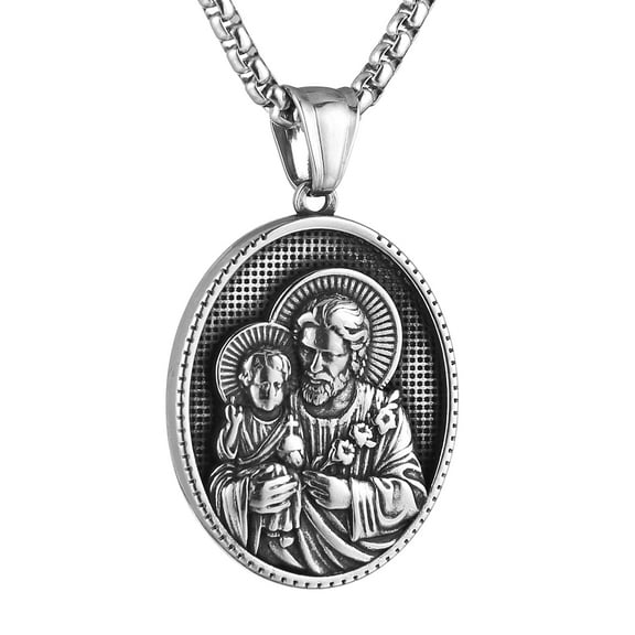 HZMAN St Joseph Medal Necklace for Men Women Retro Religious Stainless Steel Saint Joseph Christian Amulet Pendant Jewelry Gift