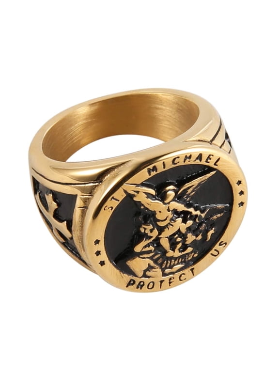 St. Michael San Miguel The Great Protector Archangel Defeating Satan Figurine Stainless Steel Amulet Ring (Gold, 10)