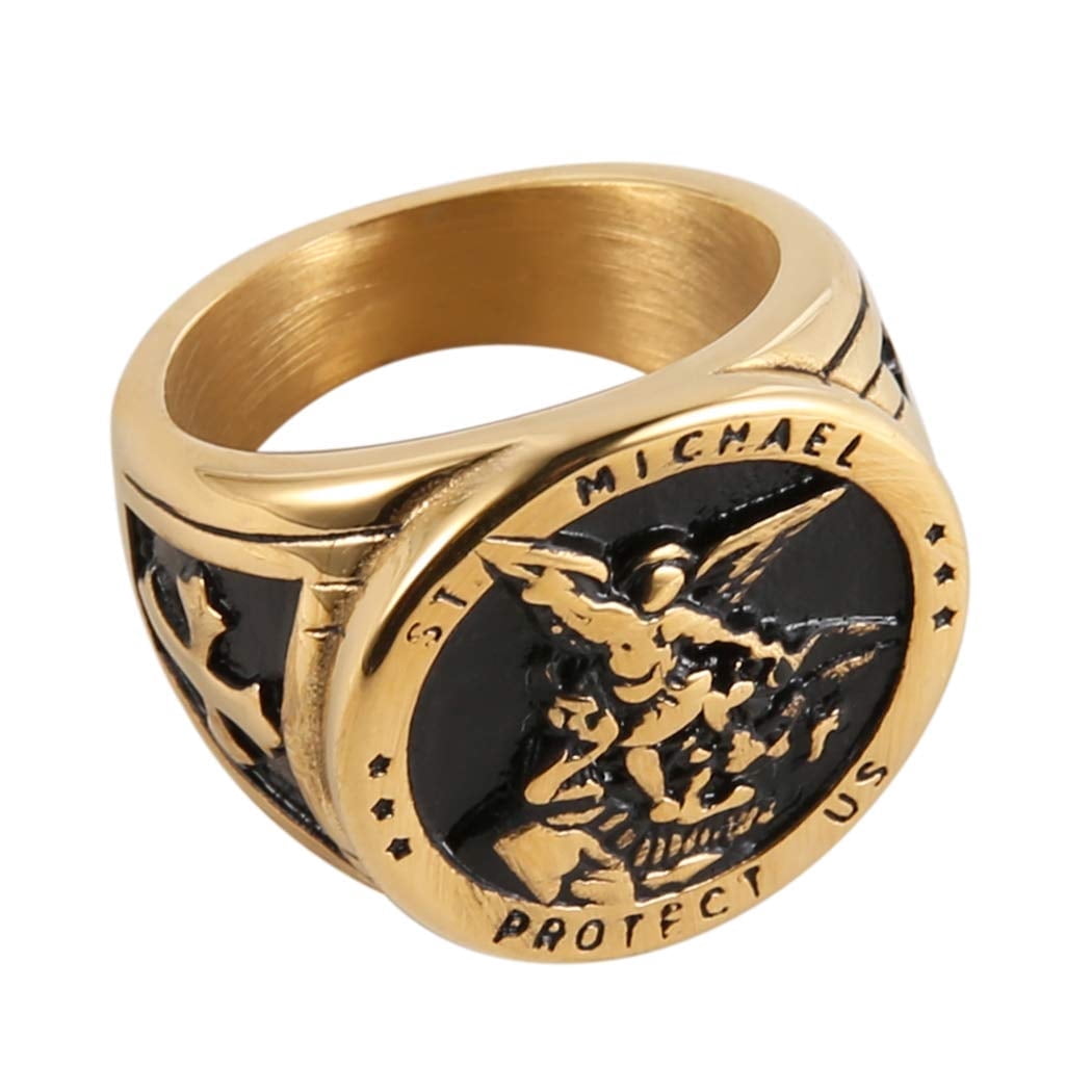 St. Michael Archangel Ring For Men - 18K Gold/Black Plated Stainless Steel, Size 7-12, Gift Box