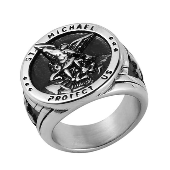 HZMAN St. Michael San Miguel The Great Protector Archangel Figurine Stainless Steel Amulet Ring (Silver, 12)