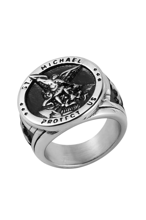 St. Michael San Miguel The Great Protector Archangel Figurine Stainless Steel Amulet Ring (Silver, 12)