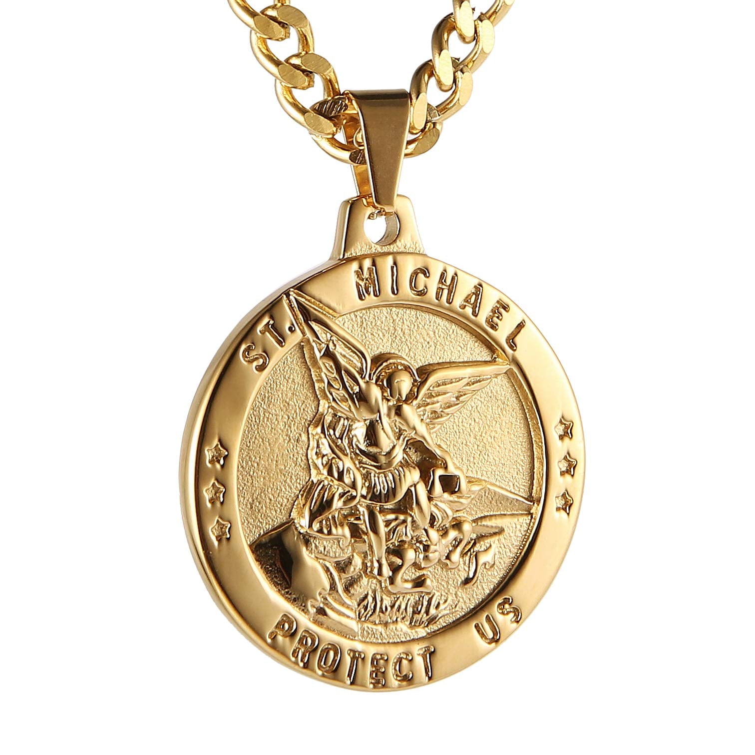 St Michael The Archangel Catholic Medal Stainless Steel Amulet Pendant Necklace 22+2" Rolo Curb Chain (Gold-1)