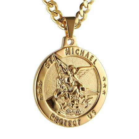 HZMAN St Michael The Archangel Catholic Medal Stainless Steel Amulet Pendant Necklace 22+2" Rolo Curb Chain (Gold-1)