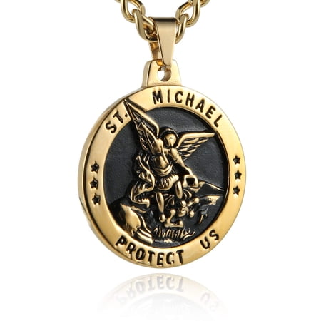 HZMAN St Michael The Archangel Catholic Medal Stainless Steel Amulet Pendant Necklace 22+2" Rolo Curb Chain (Gold)