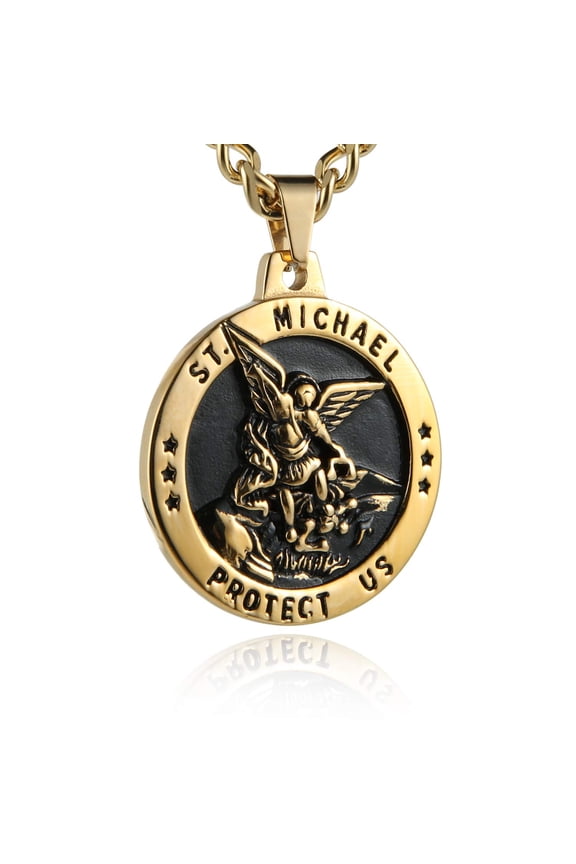 St Michael The Archangel Catholic Medal Stainless Steel Amulet Pendant Necklace 22+2" Rolo Curb Chain (Gold)