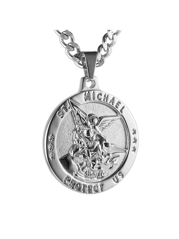 St Michael The Archangel Catholic Medal Stainless Steel Amulet Pendant Necklace 22+2" Rolo Curb Chain (Silver-1)