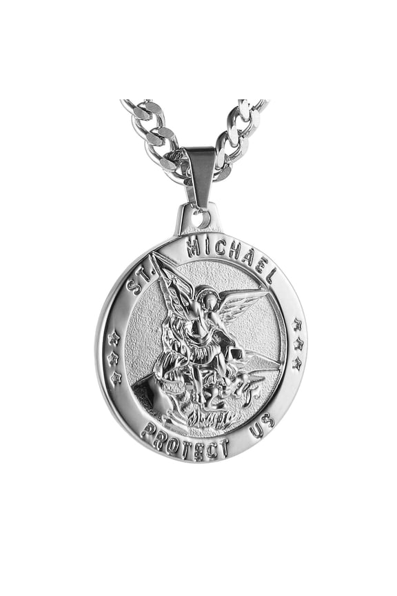St Michael The Archangel Catholic Medal Stainless Steel Amulet Pendant Necklace 22+2" Rolo Curb Chain (Silver-1)