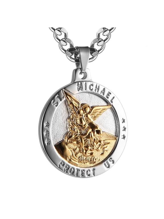 St Michael The Archangel Catholic Medal Stainless Steel Amulet Pendant Necklace 22+2" Rolo Curb Chain (Silver & Gold-1)