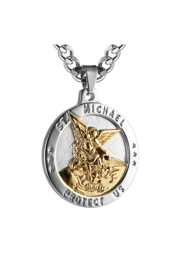 St Michael The Archangel Catholic Medal Stainless Steel Amulet Pendant Necklace 22+2" Rolo Curb Chain (Silver & Gold-1)