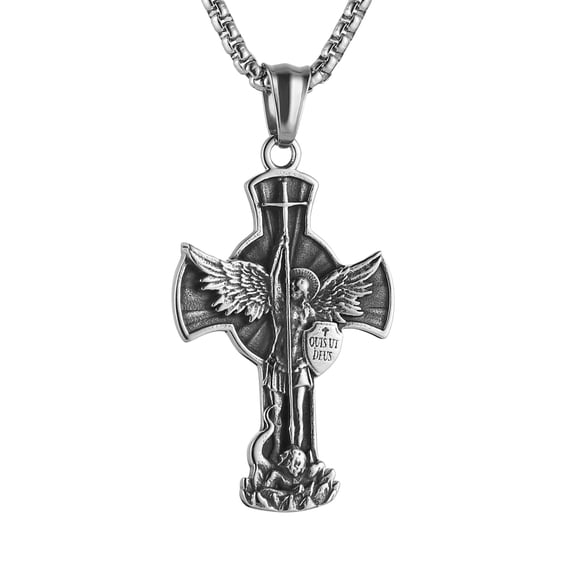 HZMAN St. Michael the Archangel Cross Necklace for Men Stainless Steel Retro Angel Exorcism Protect Amulet Pendant