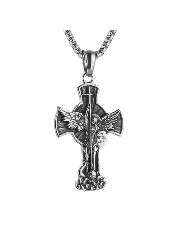 St. Michael the Archangel Cross Necklace for Men Stainless Steel Retro Angel Exorcism Protect Amulet Pendant