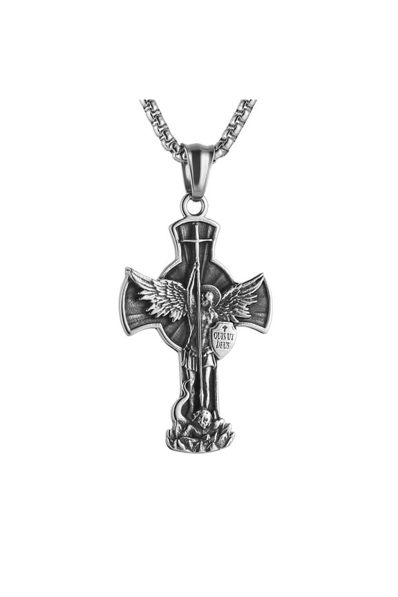 St. Michael the Archangel Cross Necklace for Men Stainless Steel Retro Angel Exorcism Protect Amulet Pendant