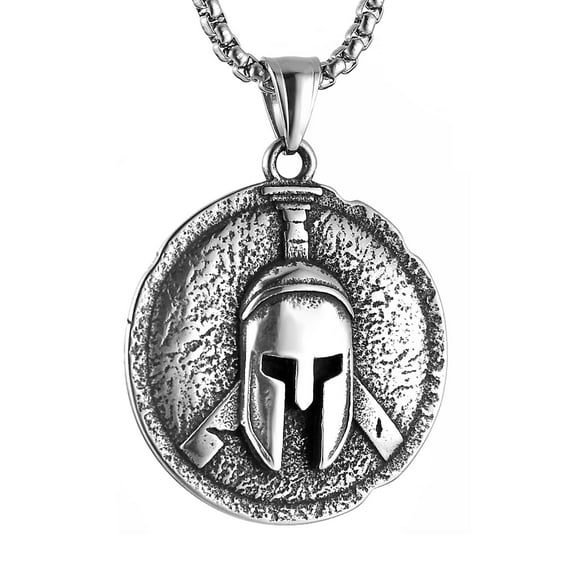 HZMAN Stainless Steel Ancient Greek Warrior Spartan Mask Helmet Necklace for Men Vintage Round Pendant Jewelry Gift