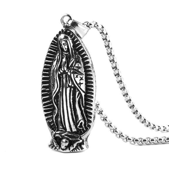 HZMAN Stainless Steel Blessed Mother Mary - Our Lady of Guadalupe Pendant Necklace (Silver)