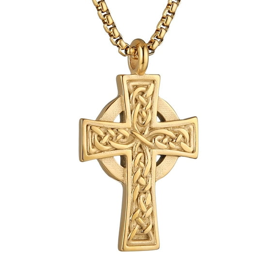 HZMAN Stainless Steel Celtic Cross Necklace for Men Women Vintage Viking Irish Knot Amulet Pendant Jewelry Gift (Gold)