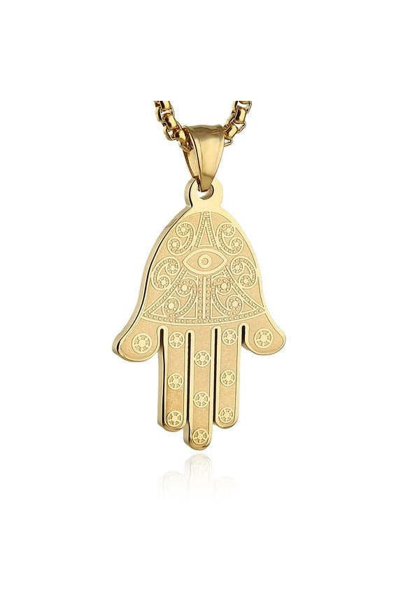 Stainless Steel Egyptian Eye Fatima Hamsa Hand Pendant Necklace Success and Protection Lucky (Gold)