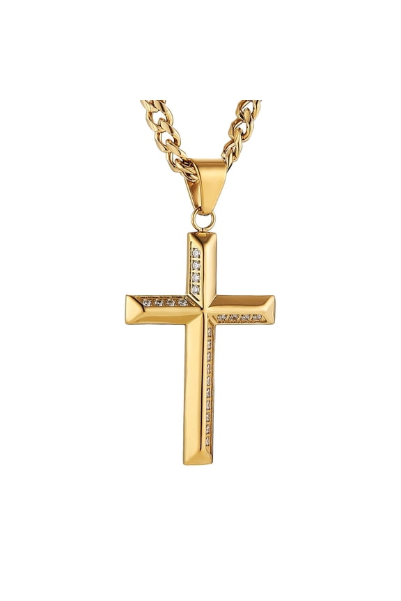 Stainless Steel Gold Cross Necklace for Men with Cubic Zirconia Inlay Necklace with 5mm Cuban Chain 24Inch