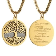 HZMAN Stainless Steel Gold Silver Tree of Life Serenity Prayer Necklace Pendant Zircon Inlaid for Men Women Jewelry Gift Gold