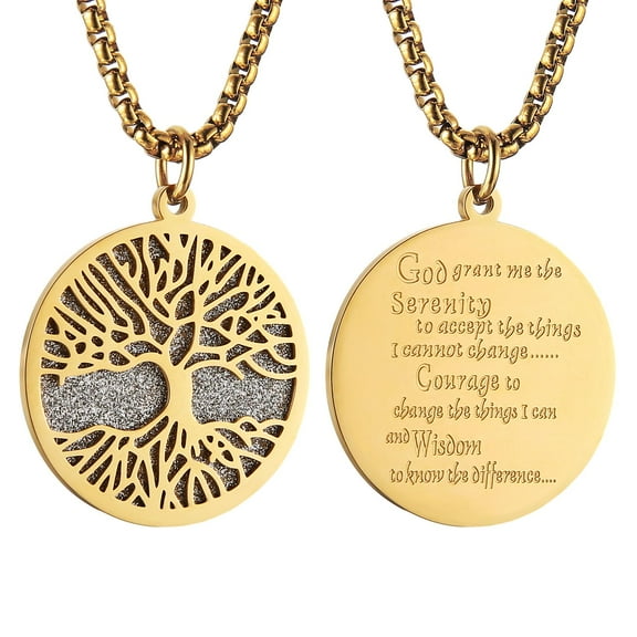 HZMAN Stainless Steel Gold Silver Tree of Life Serenity Prayer Necklace Pendant Zircon Inlaid for Men Women Jewelry Gift (Gold)