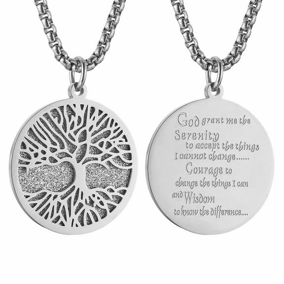 HZMAN Stainless Steel Gold Silver Tree of Life Serenity Prayer Necklace Pendant Zircon Inlaid for Men Women Jewelry Gift (Silver)
