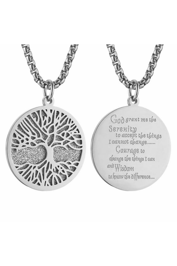 Stainless Steel Gold Silver Tree of Life Serenity Prayer Necklace Pendant Zircon Inlaid for Men Women Jewelry Gift (Silver)