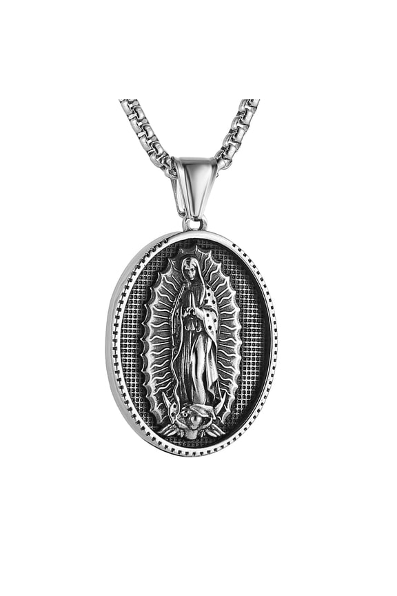 Stainless Steel Guadalupe Virgin Mary Oval Pendant Necklace for Women Men 22+2Inch Chain
